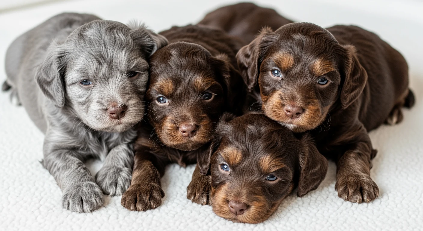 Portée de chiots Bolonka Zwetna aux robes variées, illustrant la diversité de couleurs